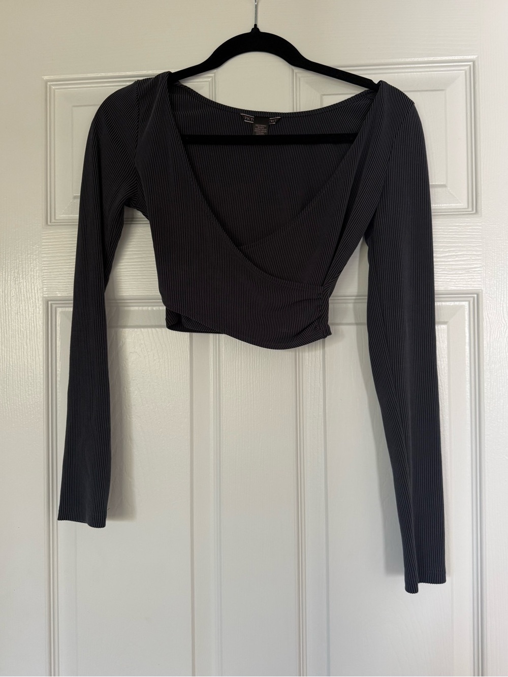 Victorias Secret Ribbed Long Sleeve Surplice Crop Top - Black